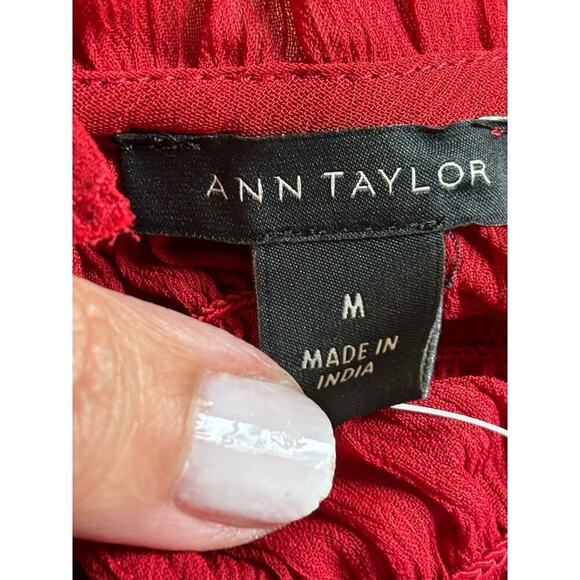 Ann Taylor red smocked yoke blouse, NWT, medium, office, career, sheer, bright - Picture 6 of 8